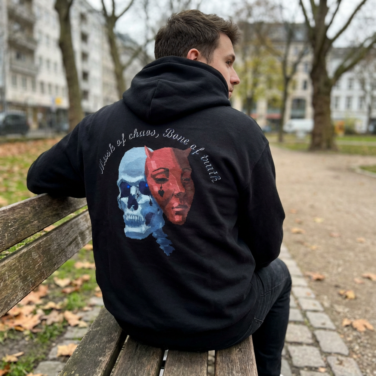 Mask RB skull Hoodie, gothic skull sweat-shirt, warm pullover, evil skull art, Skeleton Design Hoodie, Sweatshirt monochrome, Skull and Bones Hoodie, design drawn by artist