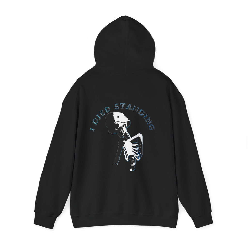 Black hoodie with skeleton design and 'I Died Standing' text on the back against a white background