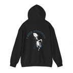 Black hoodie with skeleton design and 'I Died Standing' text on the back against a white background