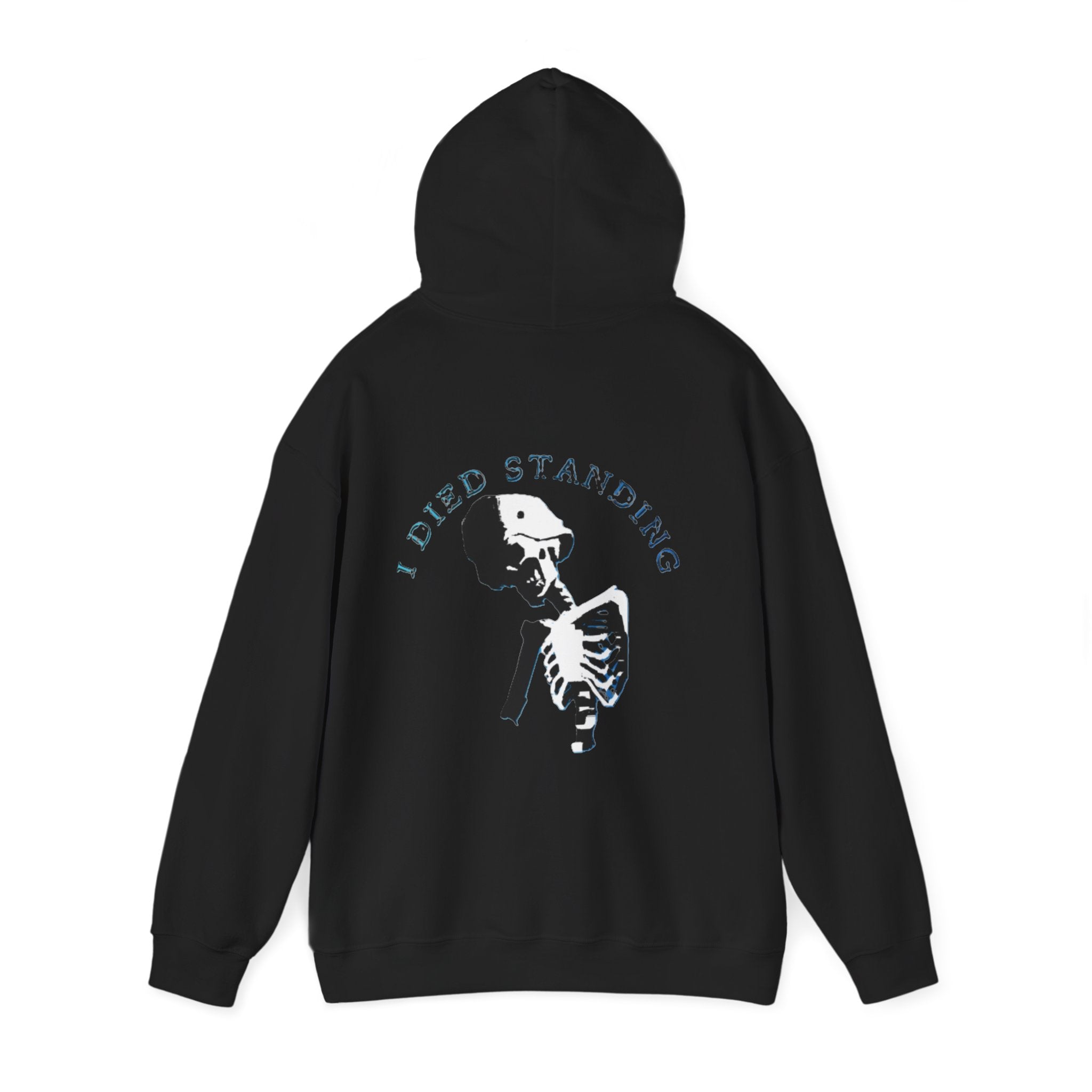 Black hoodie with skeleton design and 'I Died Standing' text on the back against a white background