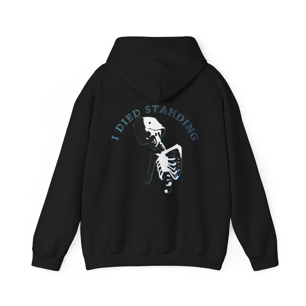 Black hoodie with skeleton design and text on the back against a white background