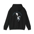 Black hoodie with skeleton design and text on the back against a white background