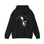 Black hoodie with skeleton design and text on the back against a white background