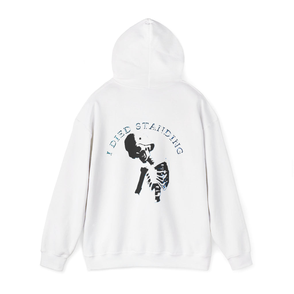 White hoodie with a graphic design and text on a white background