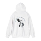 White hoodie with a graphic design and text on a white background