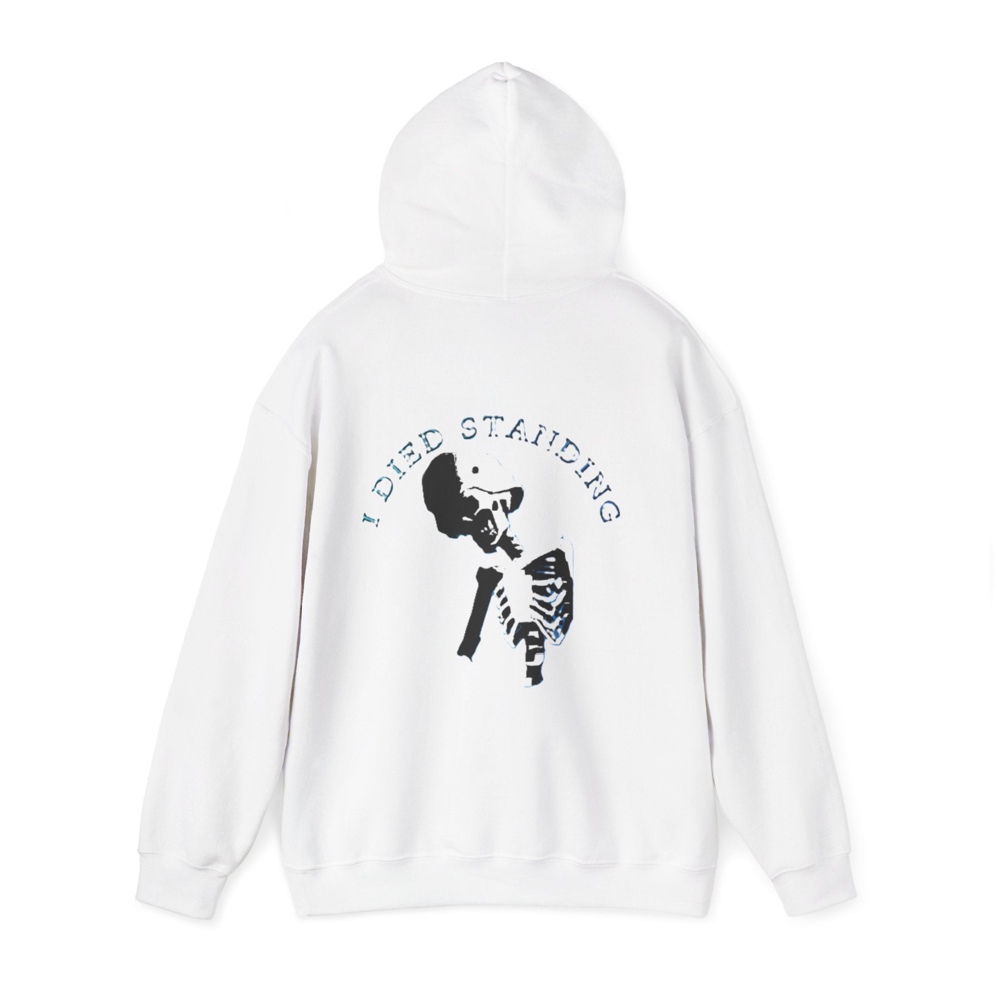 White hoodie with a graphic design and text on a white background